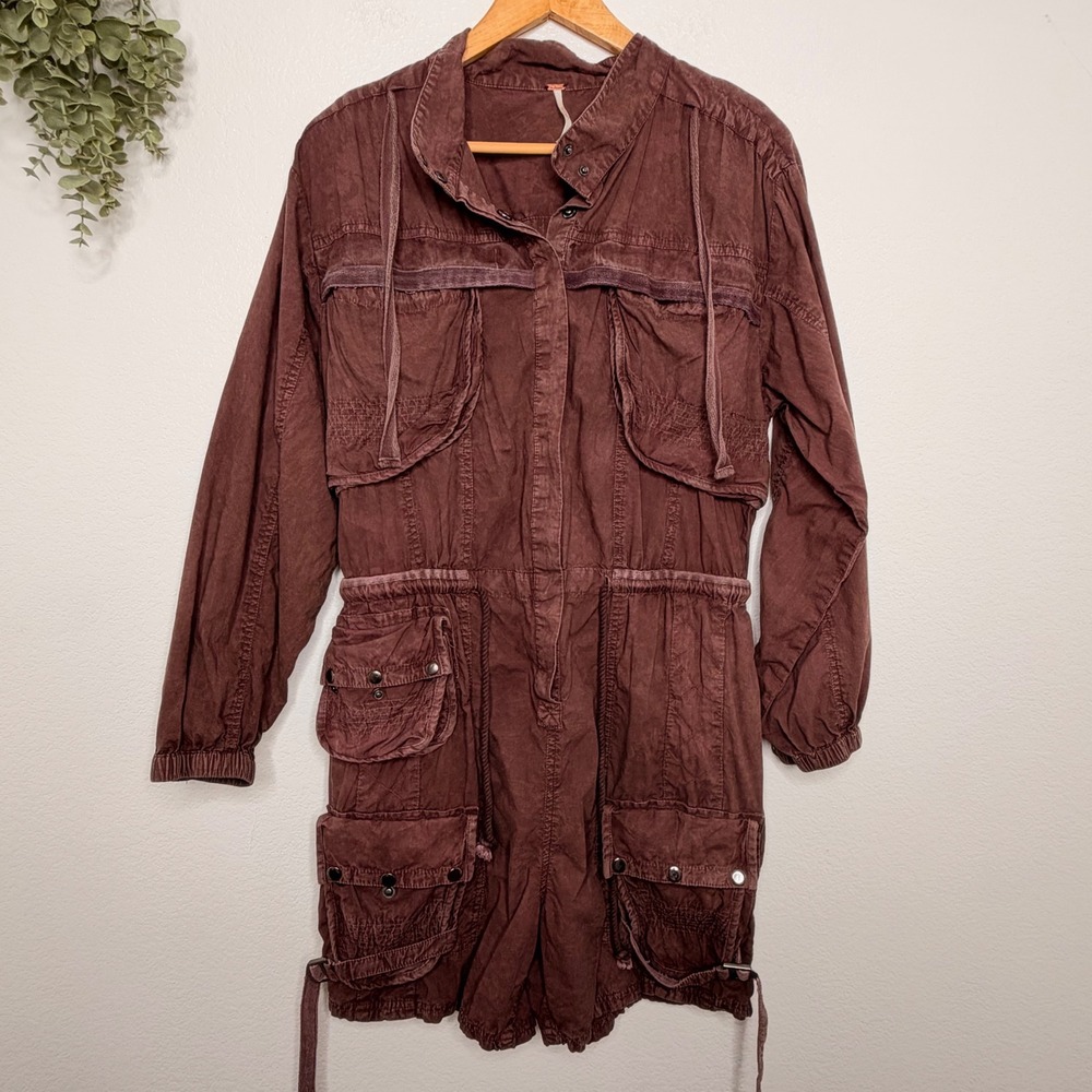 Free People Moon Bay Parachute Cargo Romper Brown Plum Utility Jumpsuit - Picture 2 of 7